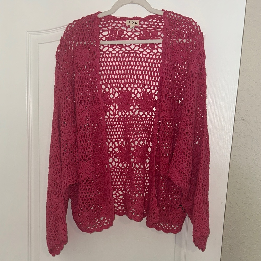 POL Crochet Open-Front Cardigan - Rose Pink